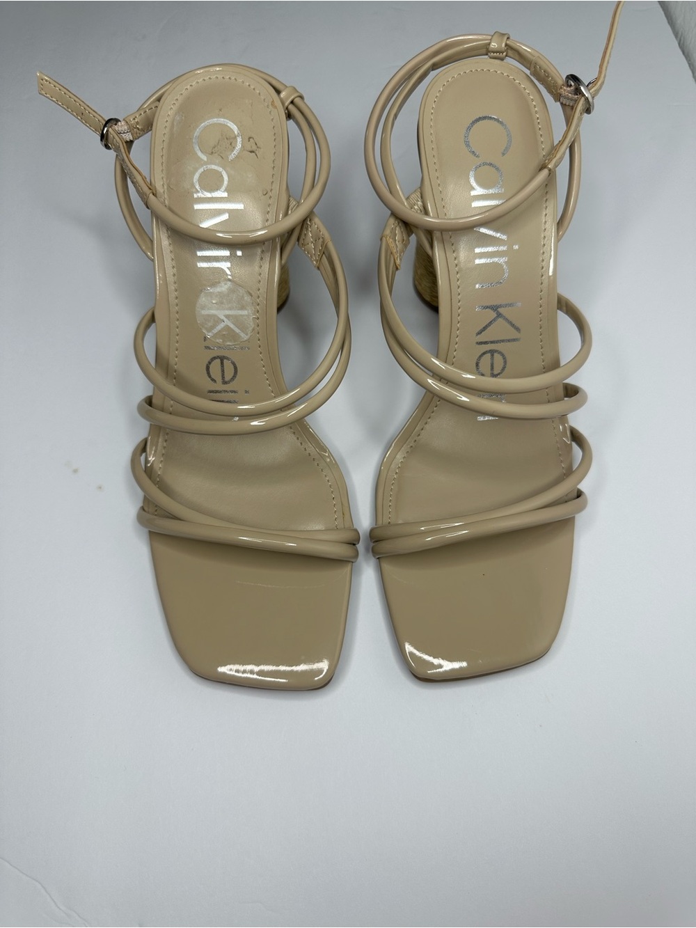 Calvin Klein Beige Patent Strappy Square-Toe Block Heels